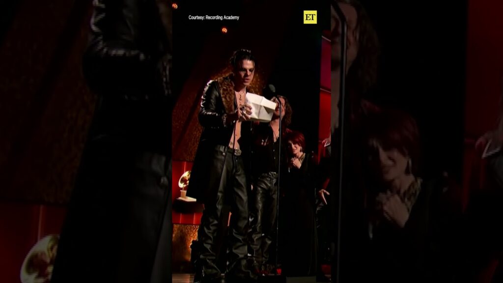 YUNGBLUD brings Sharon Osbourne on stage while accepting the #GRAMMY Award for Best Rock Performance