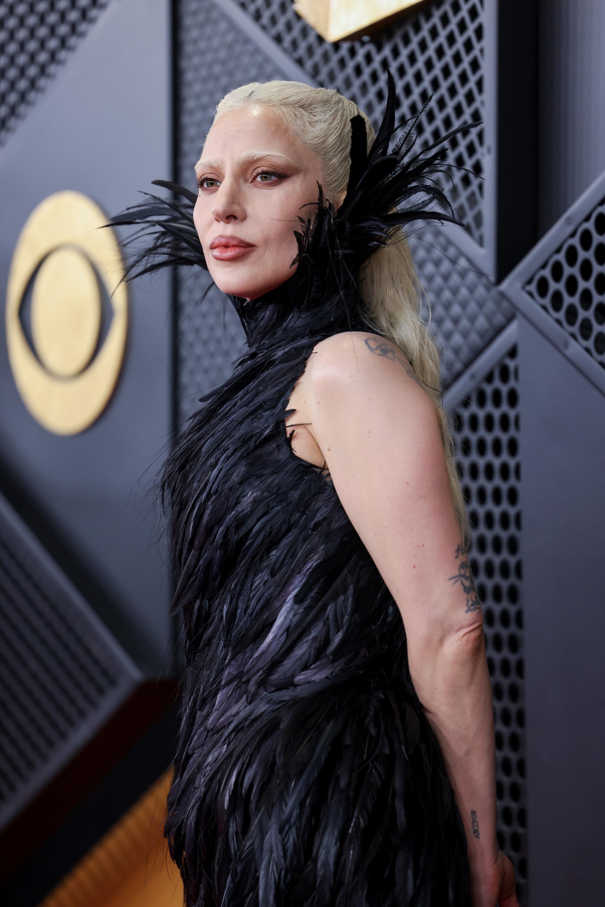 Lady Gaga, wearing a feather black dress, poses on the red carpet. 