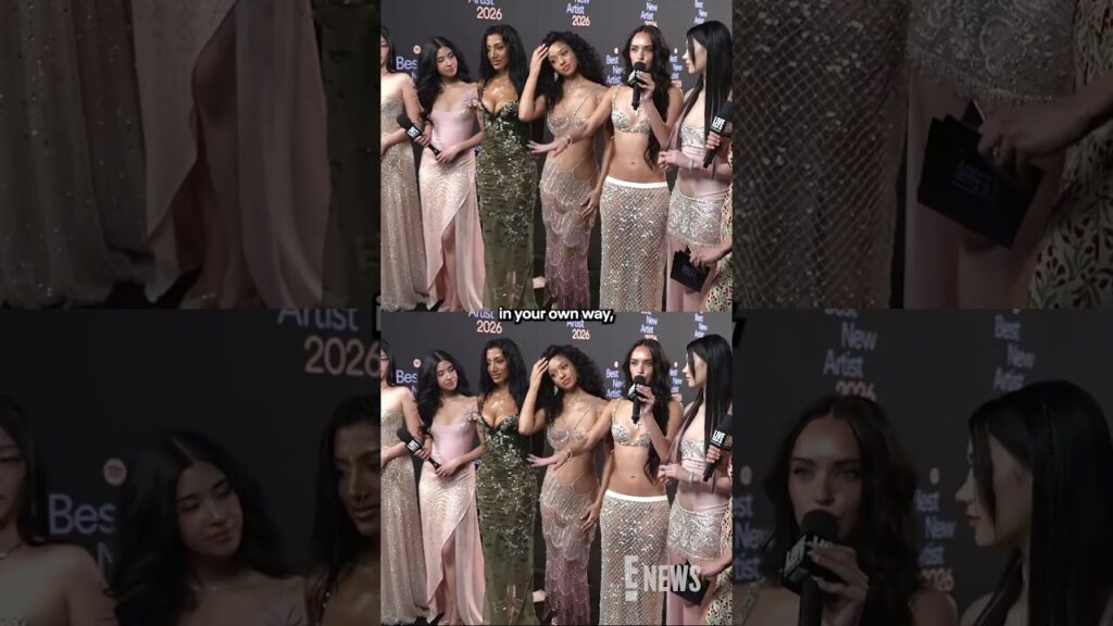 KATSEYE is breaking down the lyrics to "Internet Girl" at the Spotify Best New Artist carpet.