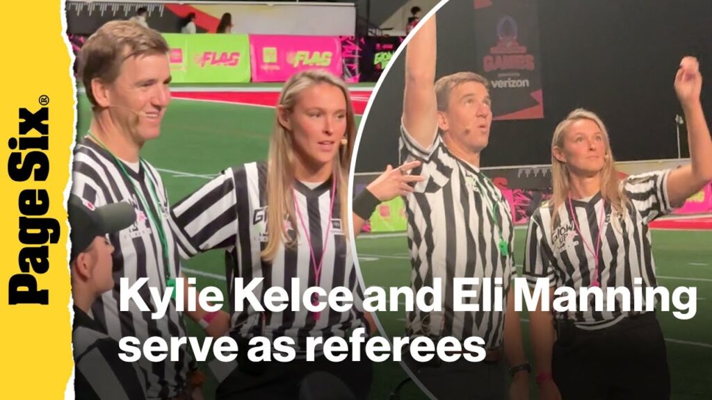 Kylie Kelce and Eli Manning serve as referees at The Toyota Glow-Up Classic in San Francisco