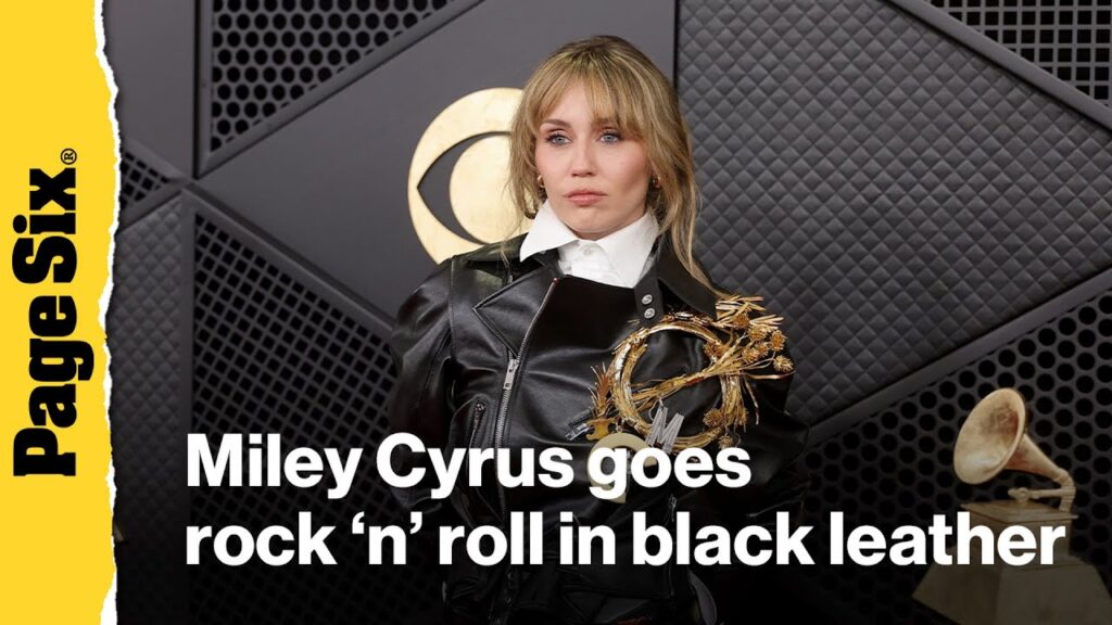 Miley Cyrus goes rock 'n' roll in black leather on Grammys 2026 red carpet