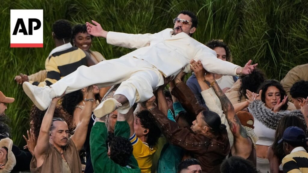 Bad Bunny performs at the Super Bowl 2026 halftime show