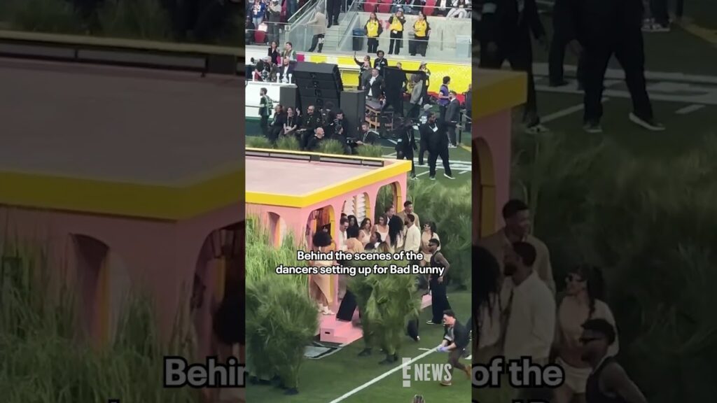 Bad Bunny’s dancers help set up for the Super Bowl Halftime Show. Bad Bunny's dancers help set up for the Super Bowl Halftime Show.
