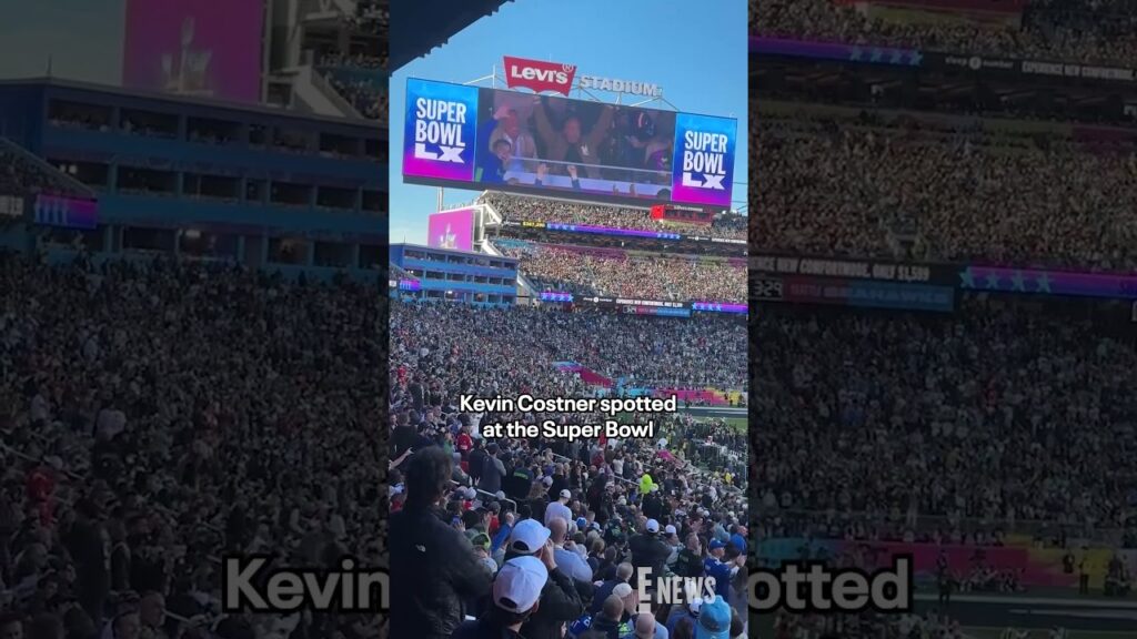 Kevin Costner makes a super appearance on the Super Bowl Jumbotron. 🤩