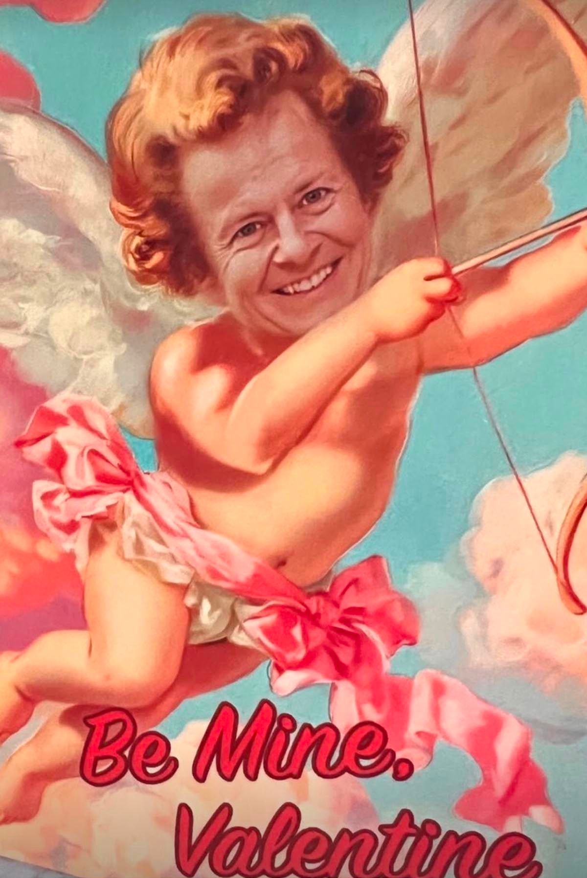 John morphed himself onto Cupid for Lorna's Valentine's Day card