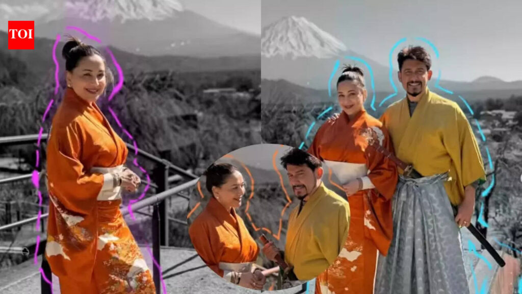Madhuri Dixit vacations in Japan, Wears traditional kimono with Mount Fuji in the backdrop | Hindi Movie News Madhuri Dixit vacations in Japan, Wears traditional kimono with Mount Fuji in the backdrop | Hindi Movie News