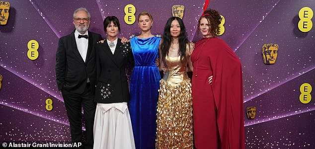 Sam Mendes, from left, Liza Marshall, Jessie Buckley, ChloÃ© Zhao, and Maggie O'Farrell pose for photographers upon arrival at the 79th British Academy Film Awards, BAFTA's, in London, Sunday, Feb. 22, 2026. (AP Photo/Alastair Grant)