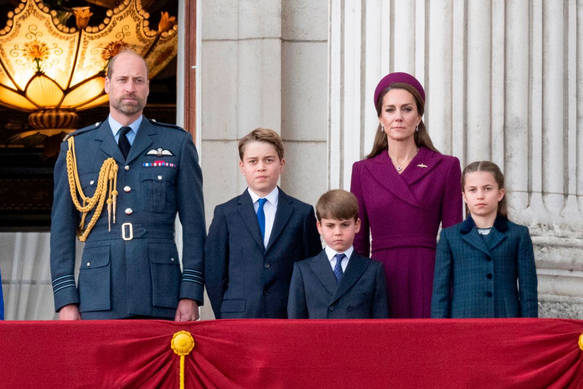 London, England - 05.05.2025: PRINCESS CHARLOTTE, PRINCE GEORGE AND PRINCE LOUIS
in a rare public outing, joined their parents the Prince and Princess of Wales, King Charles and Queen Camilla for the VE80 Parade in London, that marked the end of World War ll 80 years ago. Follwoing the parade the royals witnessed a flypast by the Royal Air F