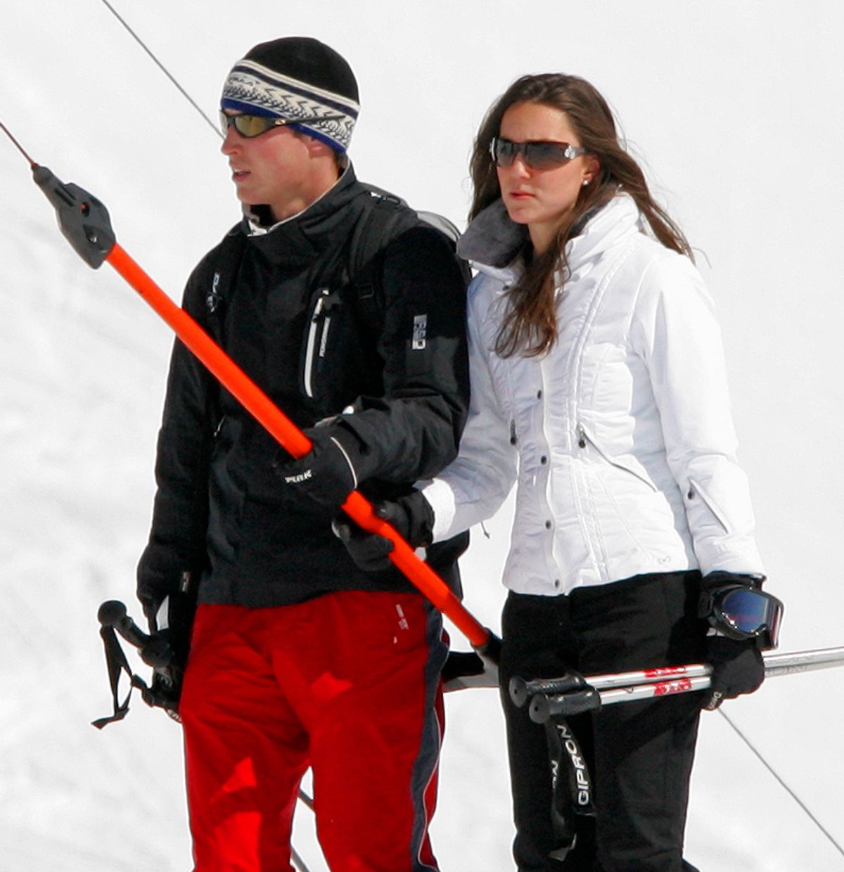 Prince William and Kate use a T-bar drag lift whilst on a skiing holiday on March 19, 2008 
