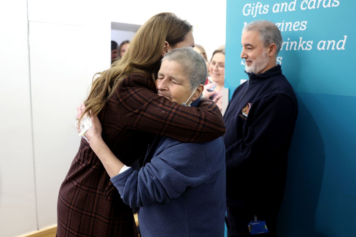 The Princess of Wales hugs Rebecca Mendelhson during a visit to the Royal Marsden Hospital, London, where she received her cancer treatment, to personally thank staff for her care.
