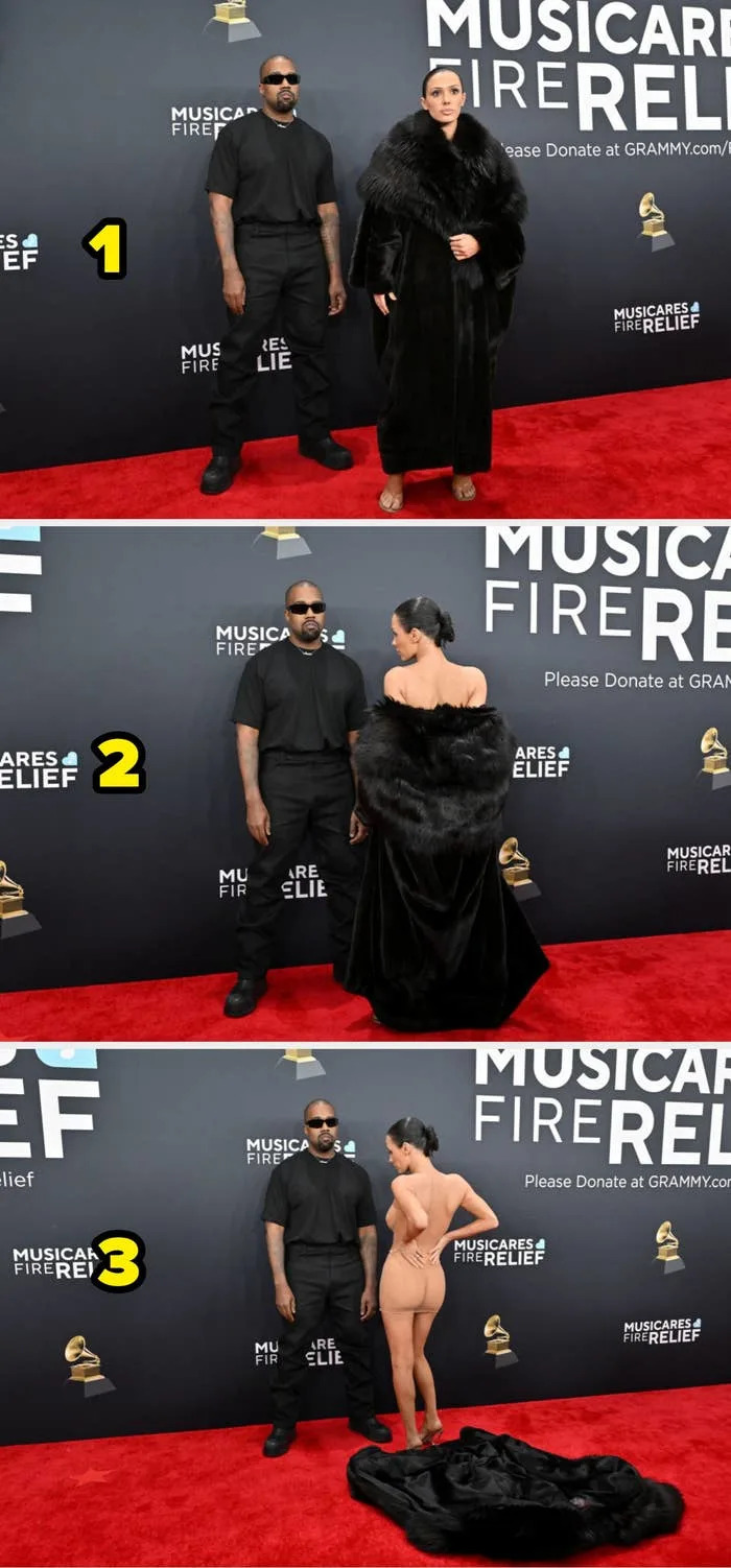 Two celebrities on a red carpet event; one in a casual outfit with sunglasses, the other in an elegant fur coat
