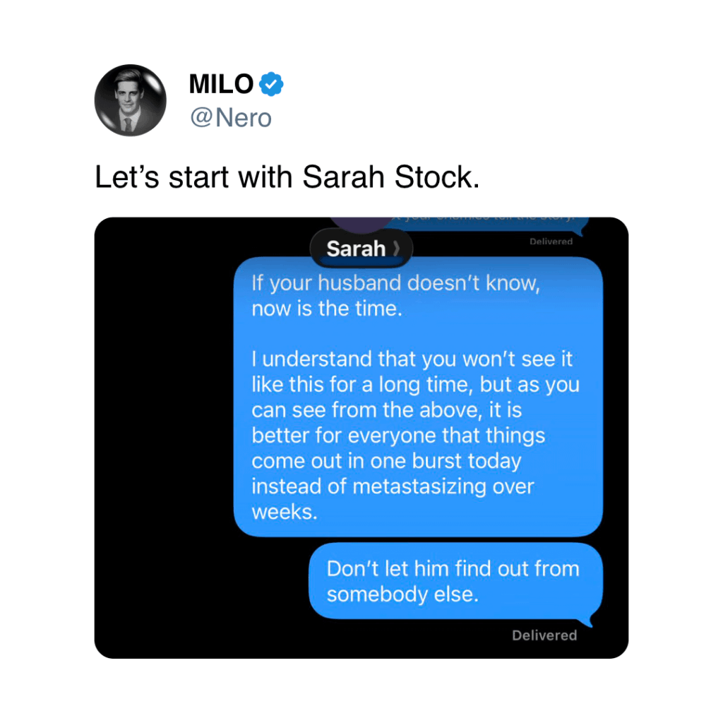 TradCath influencer Sarah Stock admits to cheating on her husband with married man Elijah "women are just a bunch of holes" Schaffer. Stock and her husband were waiting until marriage to have sex while she was sleeping with Schaffer. During this affair, she ended up pregnant and had an abortion