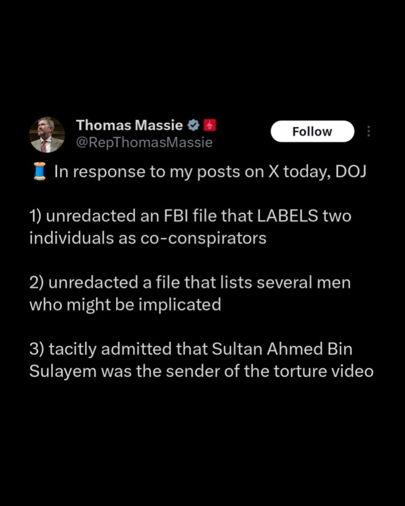 US Rep Thomas Massie, who saw unredacted Epstein files, names Sultan Ahmed bin Sulayem as sender of ‘torture video’. bin Sulayem is a prominent investor in Prince William’s Earthshot Prize