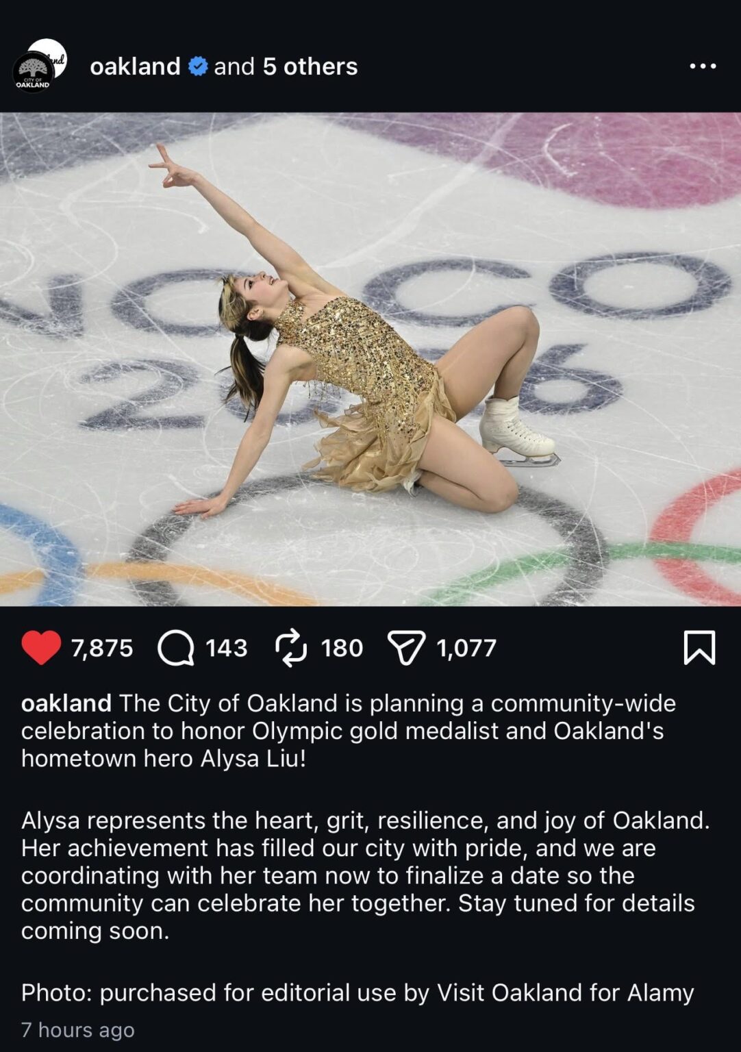 The City of Oakland is planning a celebration for 2x Olympic Gold Medalist Figureskater Alysa Liu