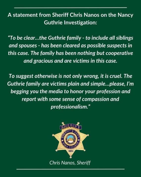Sheriff announces all of Nancy Guthrie’s family members, including spouses, have been cleared as possible suspects in her disappearance
