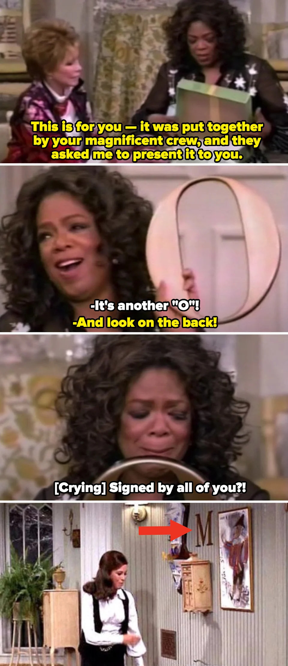 Mary Tyler Moore giving Oprah an "O" on "The Oprah Winfrey Show;" Mary Richards in her apartment in "The Mary Tyler Moore Show"