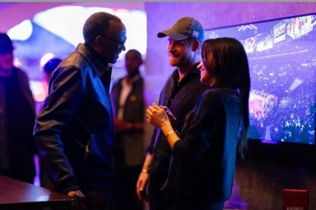 Prince Harry and Duchess Meghan pictured with President Kagame of Rwanda at the 2026 NBA All- Star Game.
