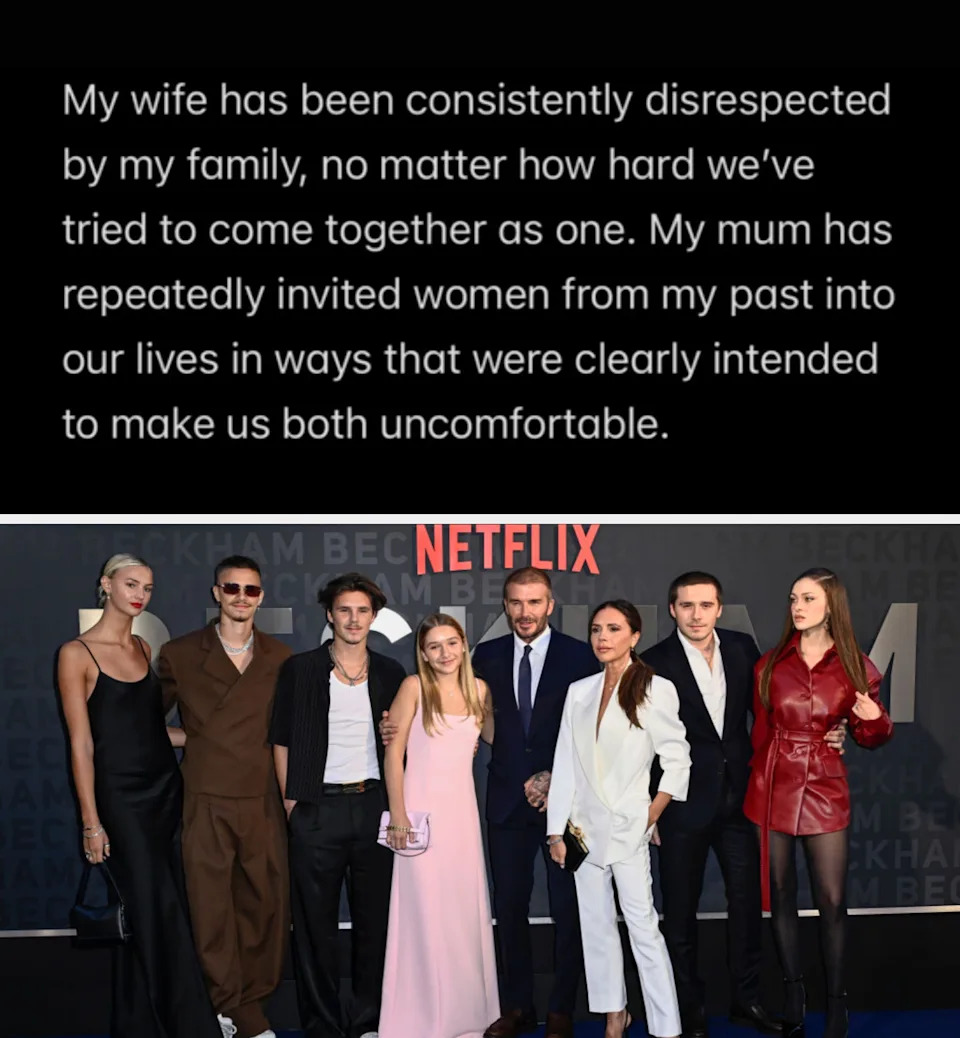 Top text: Statement about breaking silence due to ongoing press issues. Bottom image: Group posing at Netflix event, featuring formal and chic attire