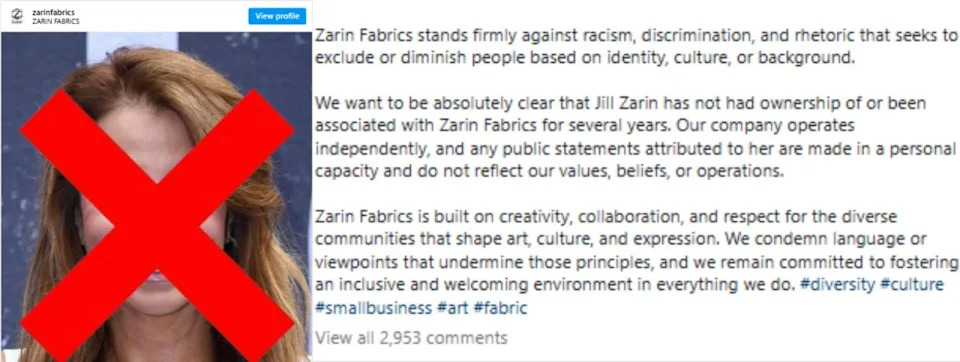 When the store bearing your married name publicly disowns you, you've hit rock bottom. Credit: Zarin Fabrics/Instagram.