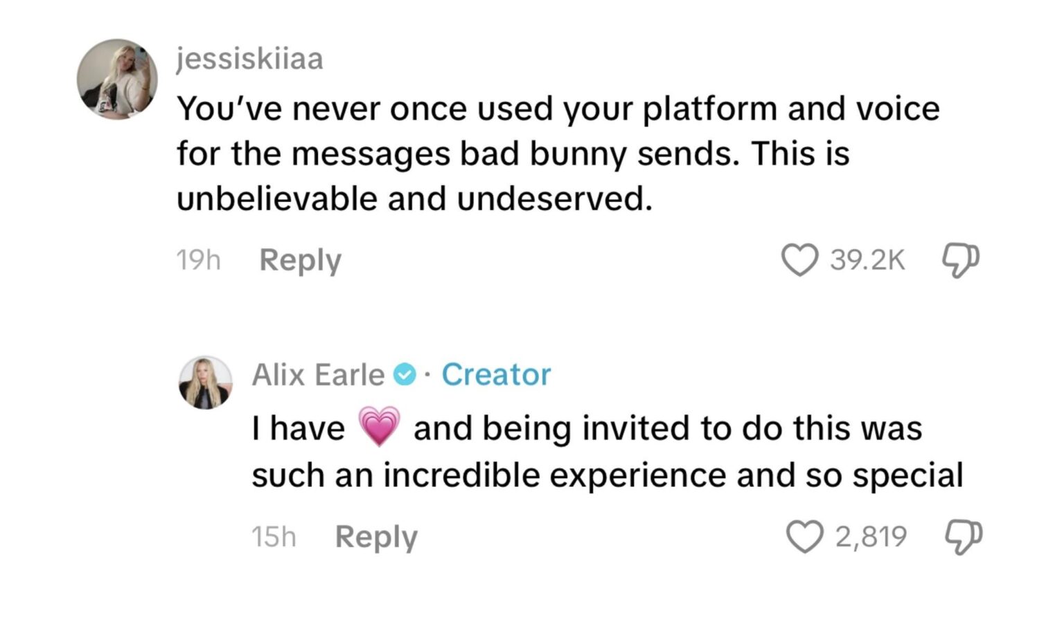 In response to criticism for being included in the halftime show, Alix Earle is pretending she uses her voice & platform for the messages Bad Bunny sends