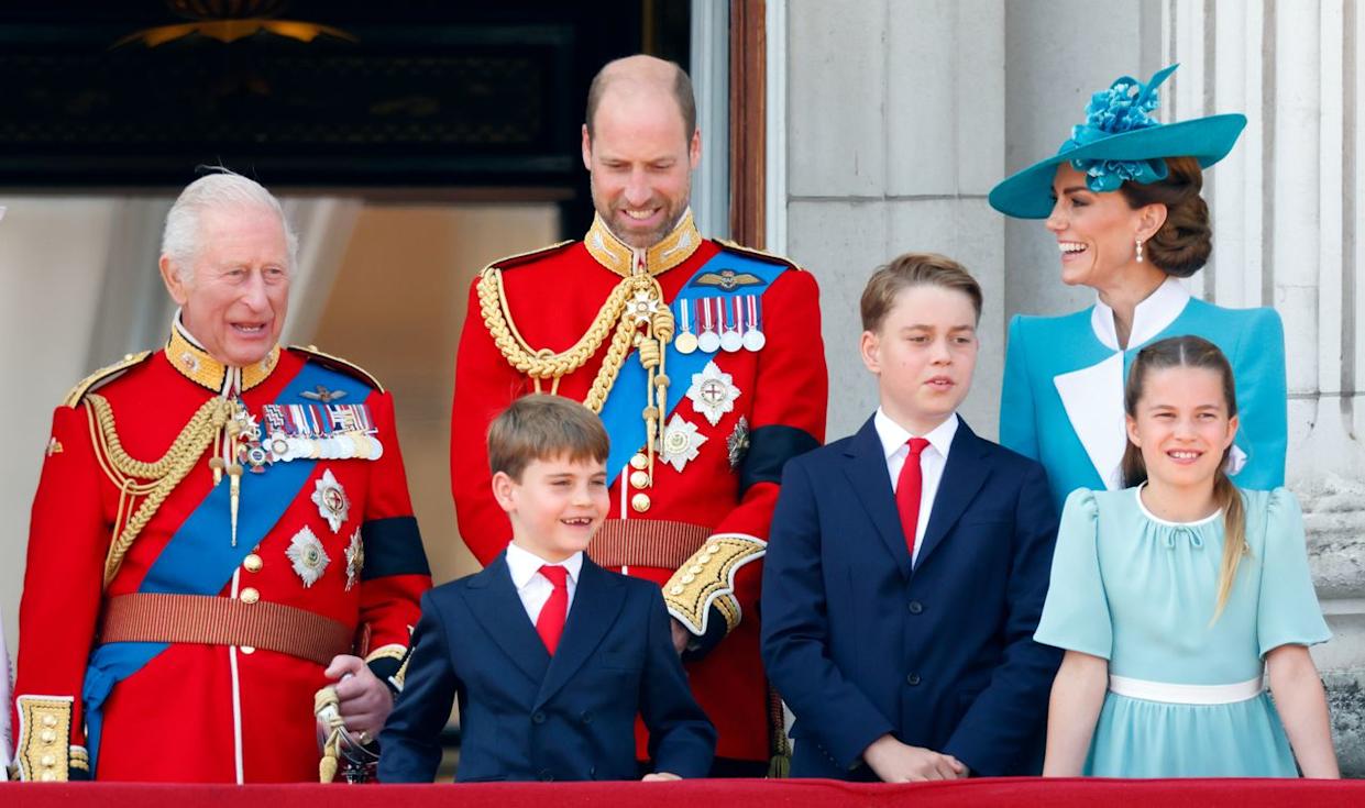 King Charles with Prince William and Kate Middleton and their three children during Trooping the Colour in 2025. Getty Images