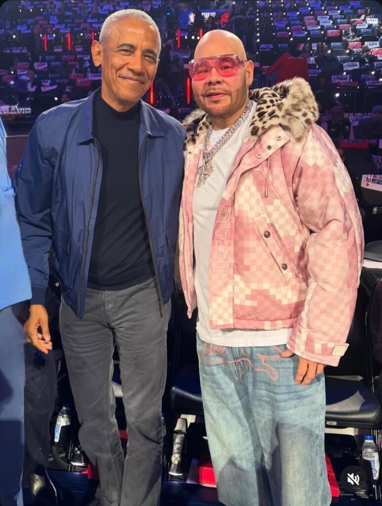 Fat Joe alongside President Barack Obama courtside at the NBA All Star Game