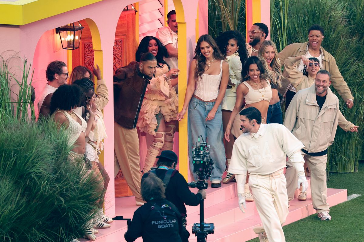 Pedro Pascal, Cardi B, Jessica Alba, Stephani Sosa, Bad Bunny, Alix Earle and David Grutman at the Super Bowl Halftime show