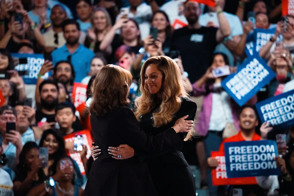2024 Democratic presidential nominee, Vice President Kamala Harris embraces singer Beyoncé at a campaign rally in Houston, Texas. / Jordan Vonderhaar / Getty Images