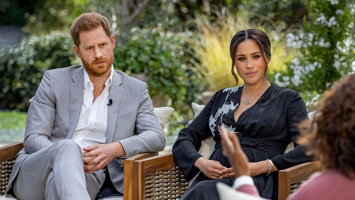 Prince Harry and Meghan Markle being interviewed by Oprah Winfrey