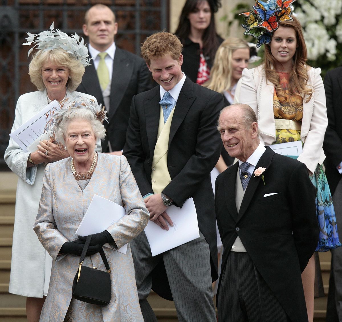 The Duchess of Cornwall, Queen Elizabeth II, Mike Tindall, Prince Harry, Zara Phillips, The Duke of Edinburgh and Princess Beatrice leaving the St George's Chapel in Windsor