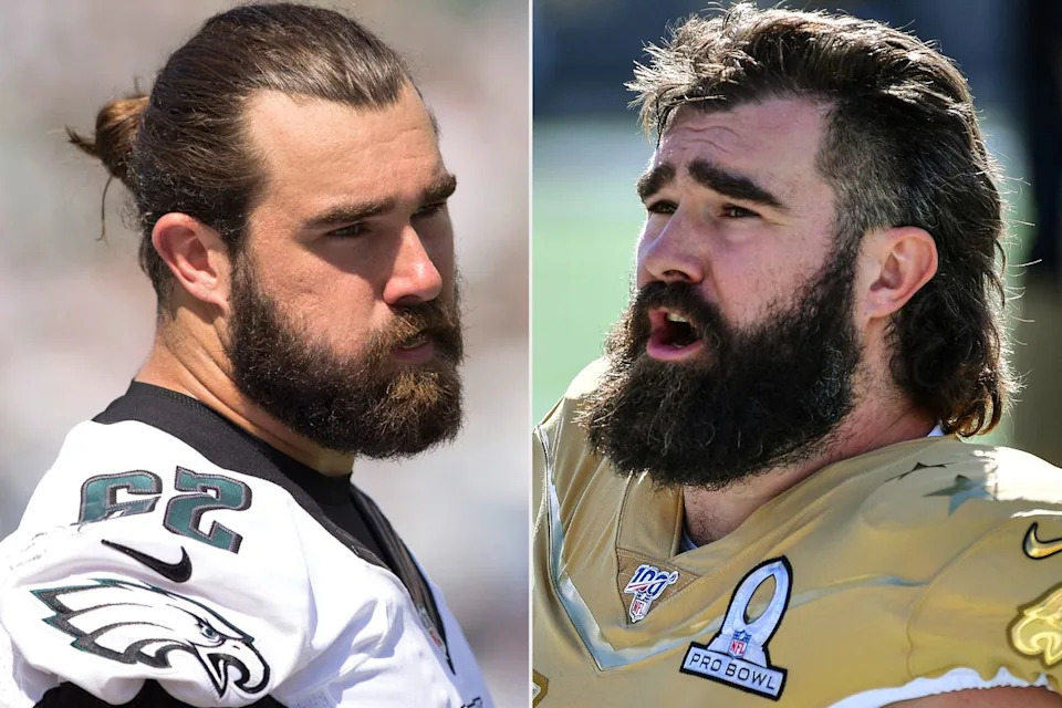 Jason Kelce's haircuts in August 2015 (left) and January 2020 (right). Mitchell Leff/Getty; Mark Brown/Getty 