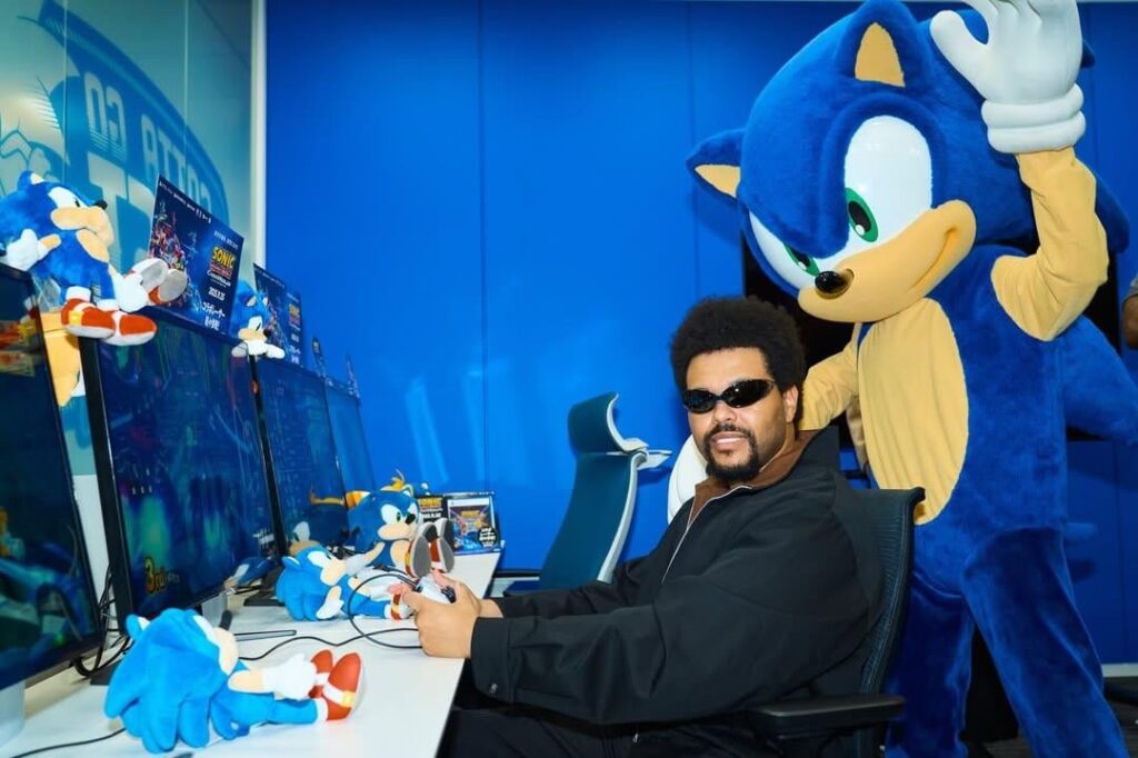 The Weeknd with Sonic The Hedgehog at the SEGA headquarters in Tokyo