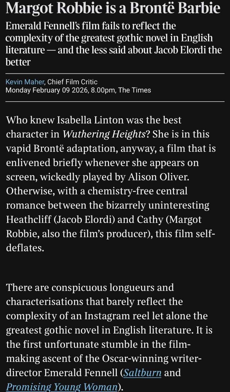 “Wuthering Heights” The Times review