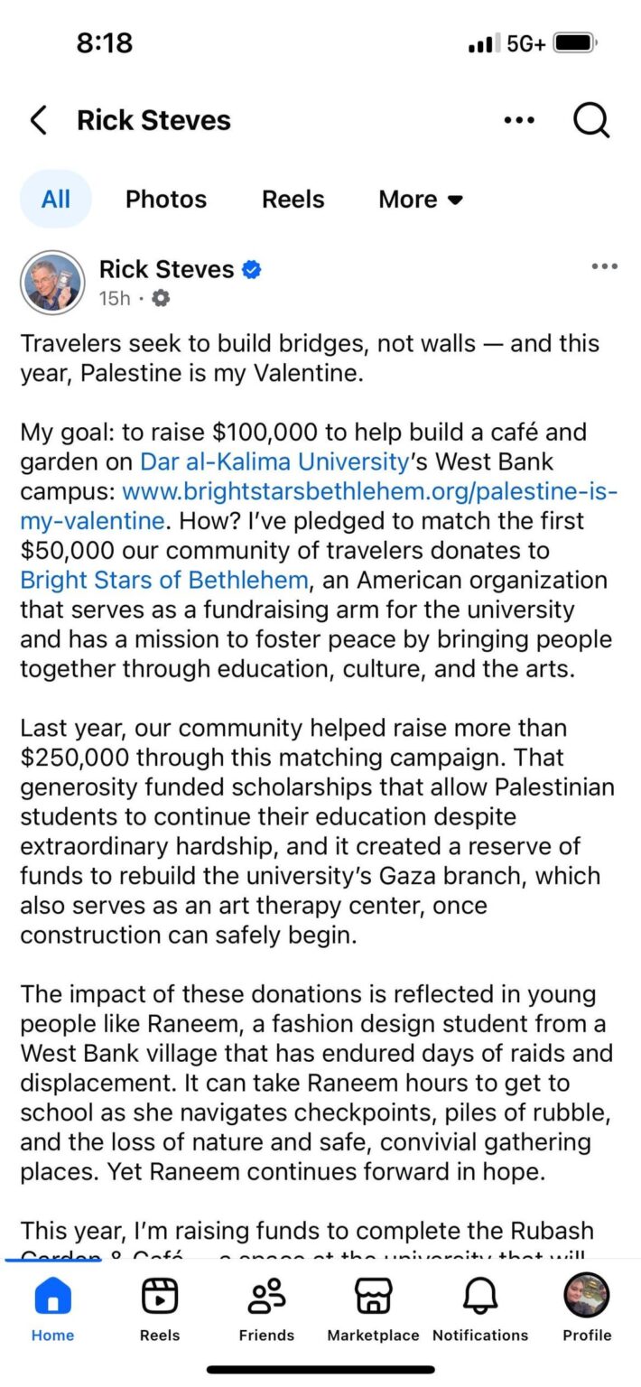 Rick Steves encouraging everyone to make Palestine your Valentine this year and help Palestinian students