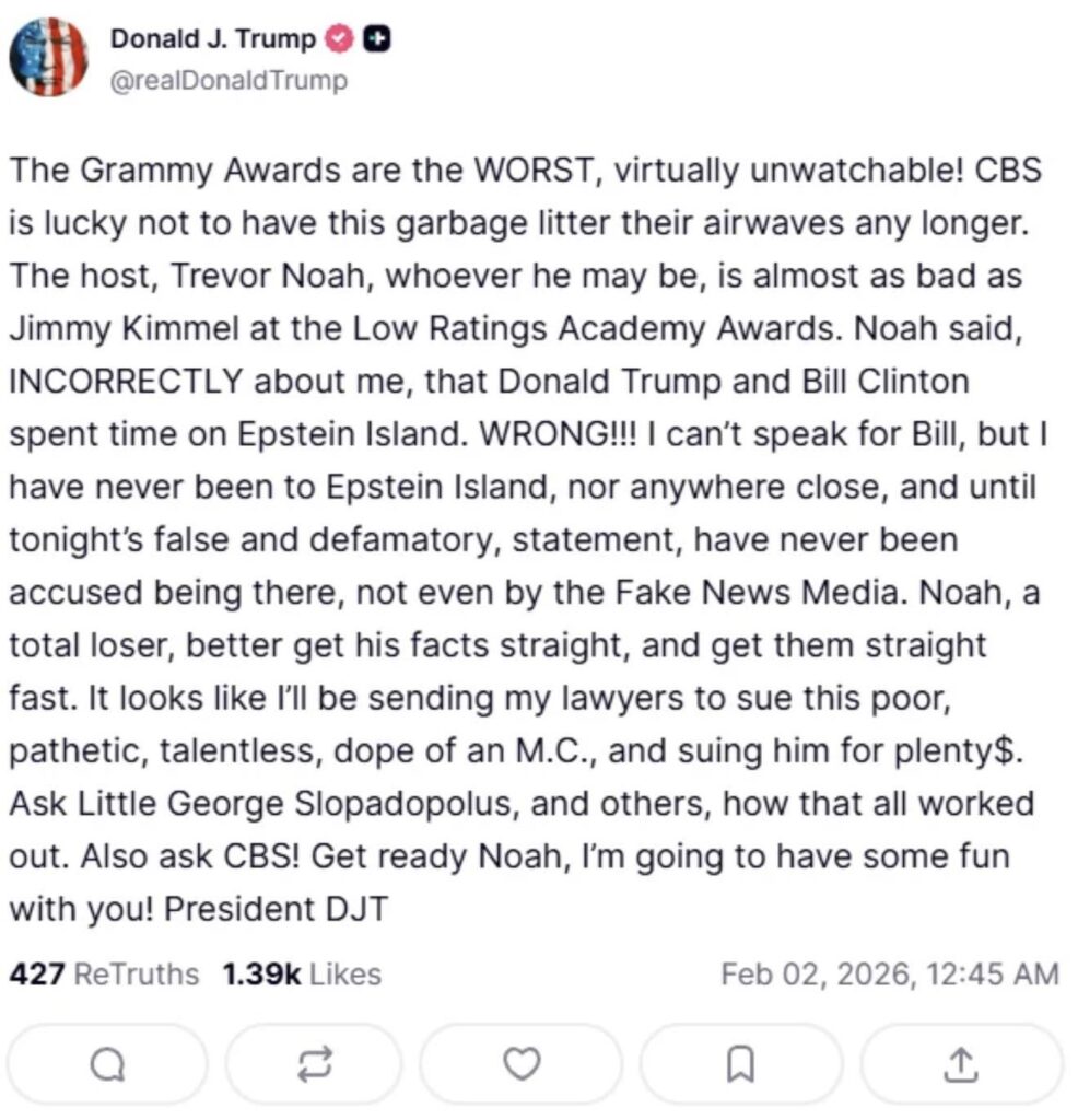 Donald Trump expressed his plans to sue Trevor Noah following Grammys skit