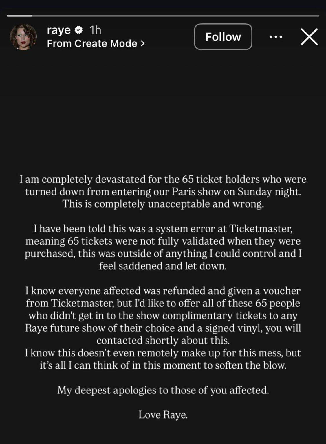 Singer RAYE to provide complimentary tickets to fans affected by Ticketmaster system error at her Paris show on Sunday night.