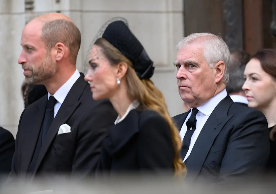 Prince William, Prince of Wales, Catherine, Princess of Wales and Prince Andrew, Duke of York attend the Requiem Mass service for the Duchess of Kent at Westminster Cathedral on September 16, 2025 in London, England. Katharine, Duchess of Kent was married to Prince Edward, Duke of Kent, the first cousin of Queen Elizabeth II. She died on September 4 at the age of 92 at Kensington Palace surrounded by her family. Having converted to Catholicism in 1994, her funeral takes place at Westminster Cathedral and is the first Catholic funeral to be held for a member of the royal family in modern British history. Her Royal Highness will be laid to rest at the Royal Burial Ground at Frogmore, Windsor. (Photo by Karwai Tang/WireImage)