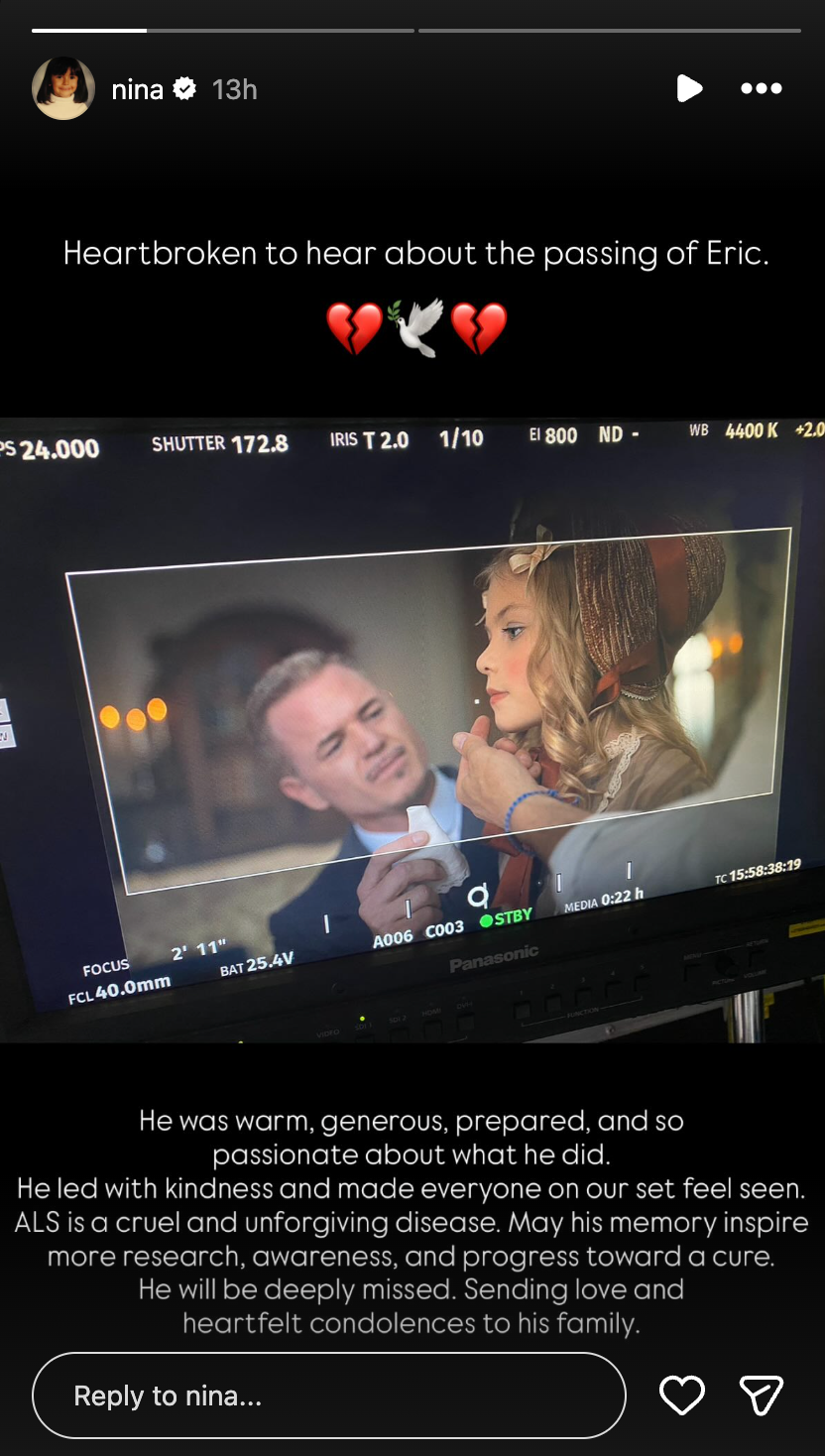 Screen showing a cinematography setup with emotional message about a person named Eric.