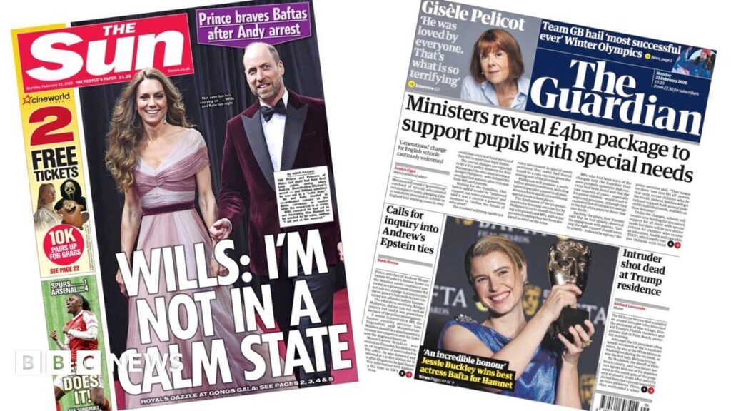 Newspaper headlines: William 'not calm, buy carrying on' amid Andrew arrest – BBC The headline on the front page of the Daily Mail reads: "William says he's 'not in calm state' amid Andrew arrest drama."