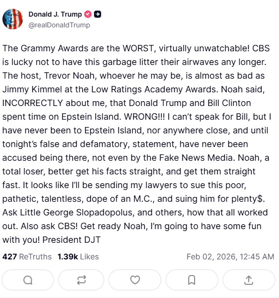 Donald Trump goes on Grammy's rant threatening to sue Trevor Noah