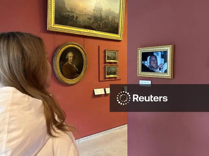 Activists put up a framed photo of Andrew’s arrest in the Louvre Activists put up a framed photo of Andrew’s arrest in the Louvre