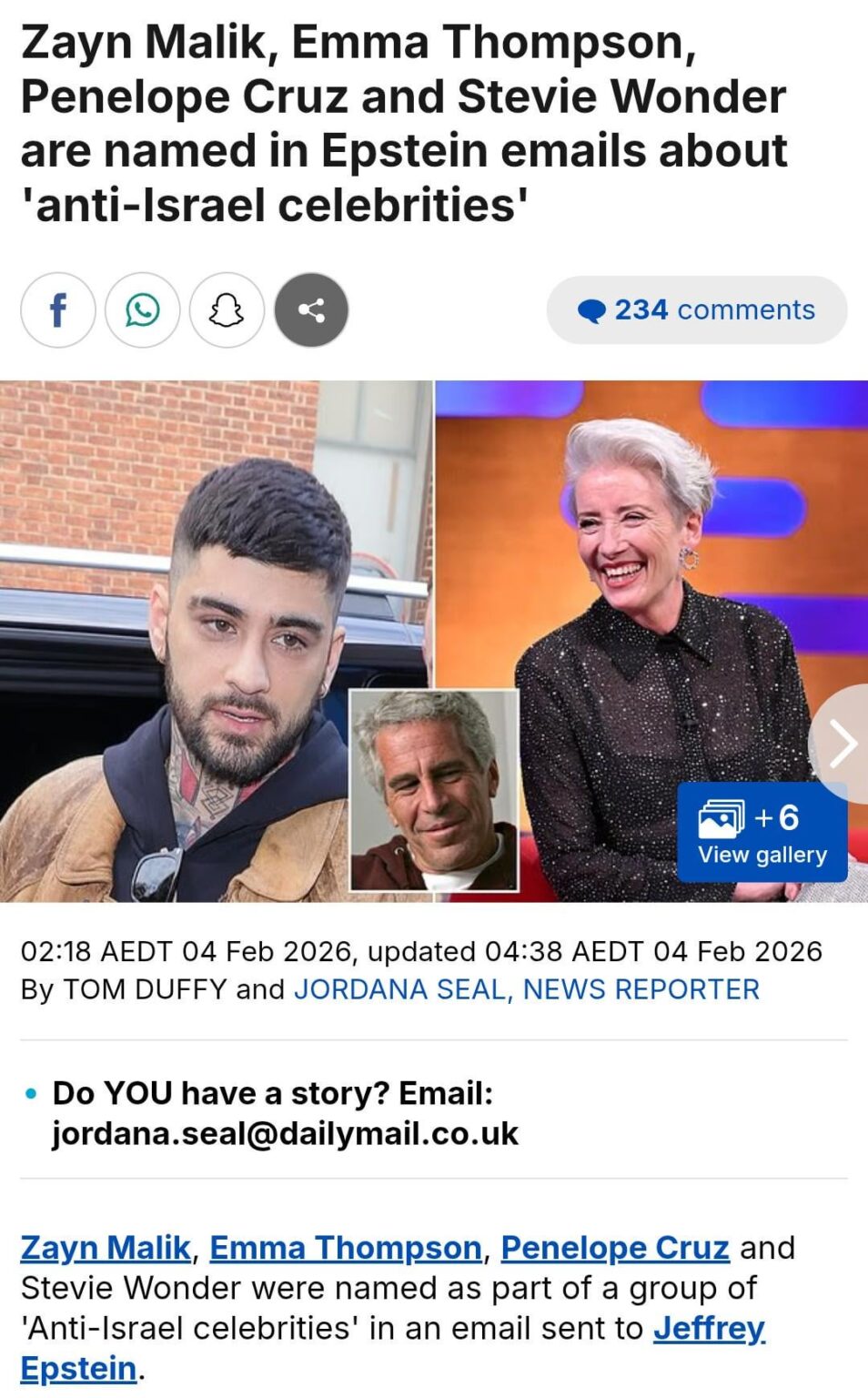 Zayn Malik, Emma Thompson, Penelope Cruz, Stevie Wonder, Roger Waters and others named in Epstein emails about a group of 'anti-Israel celebrities'