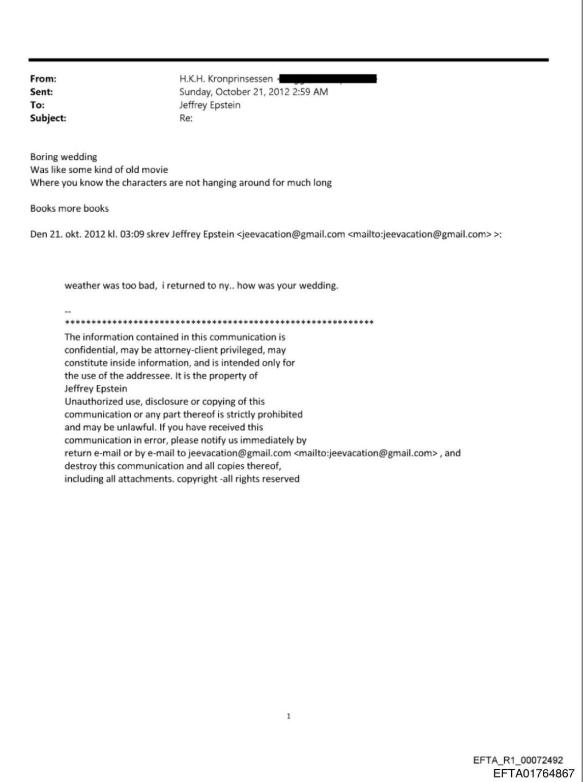 Mette-Marit told Jeffrey Epstein the wedding of Grand Duke Guillaume and Grand Duchess Stephanie of Luxembourg was ‘boring’, and full of old people