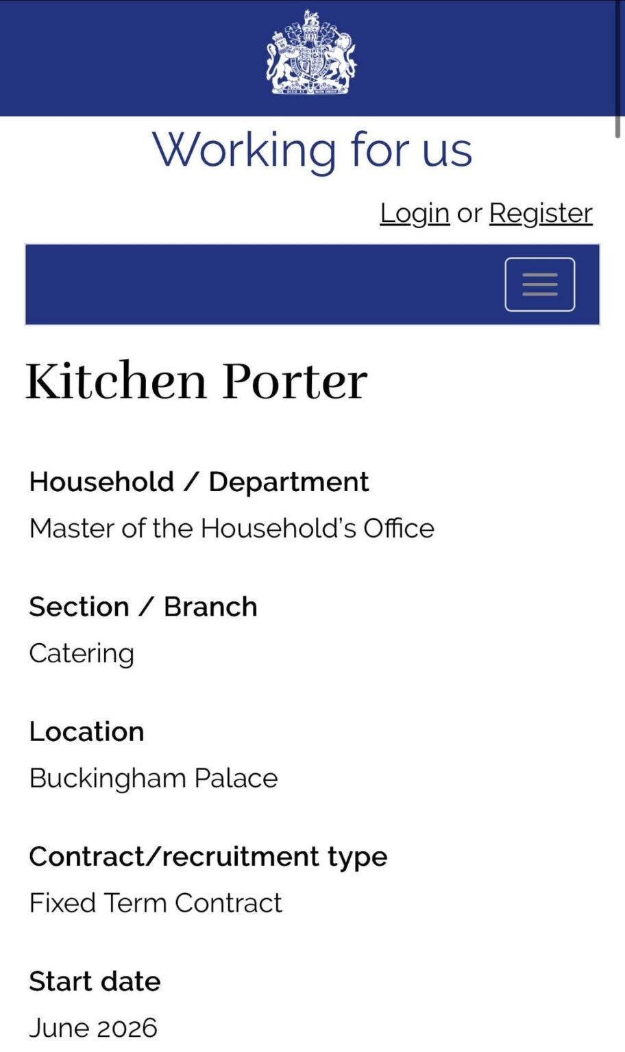 Buckingham Palace hiring full time live-in kitchen porter, with travel between residences required.