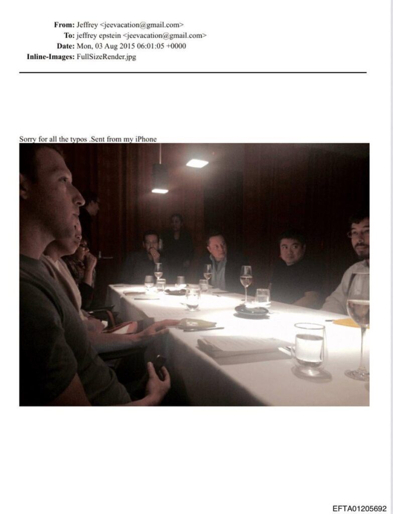 In 2015, Epstein took a photo of his dinner with Mark Zuckerberg and Elon Musk, and sent it to himself