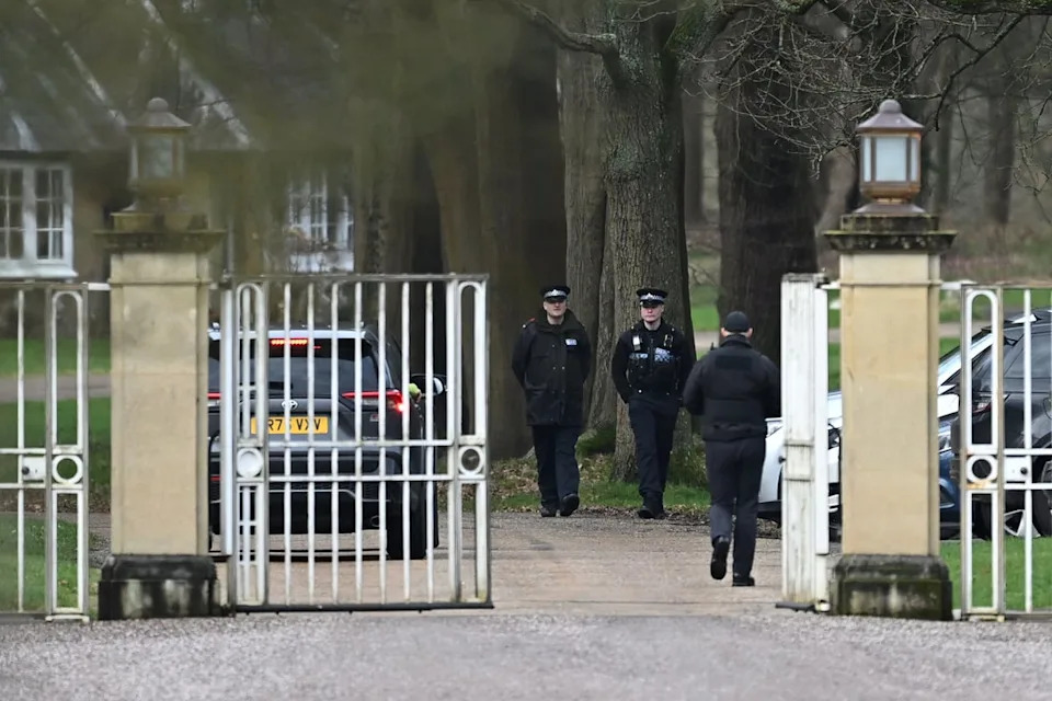 Police are seen inside the gates of the Royal Lodge, Andrew Mountbatten-Windsor's former residence in Windsor Great Park. (Photo by Leon Neal/Getty Images) (Getty Images)