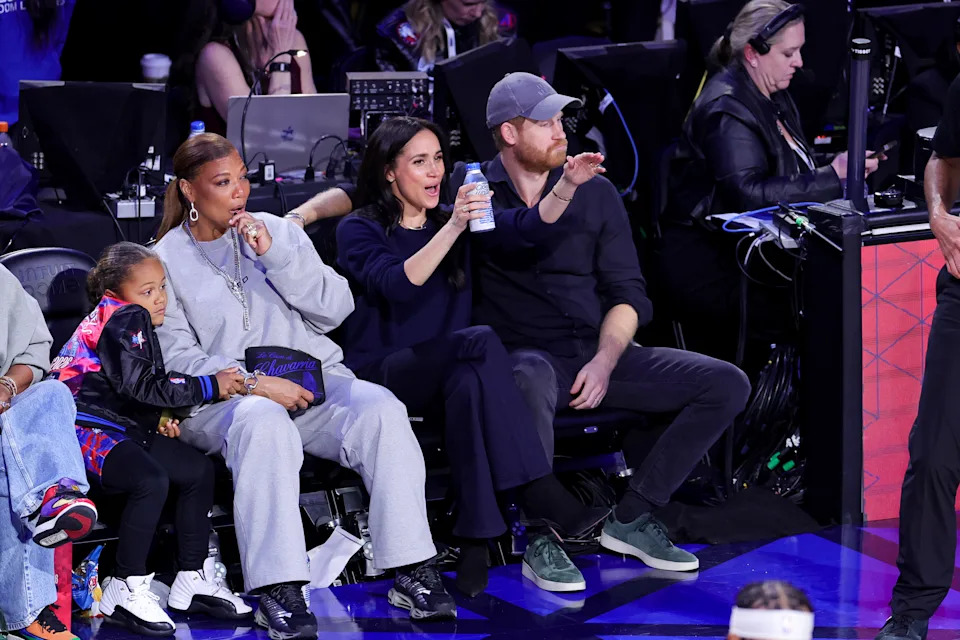 INGLEWOOD, CALIFORNIA - FEBRUARY 15: (L-R) Queen Latifah, Meghan, Duchess of Sussex and Prince Harry, Duke of Sussex during the 75th NBA All-Star Game at Intuit Dome on February 15, 2026 in Inglewood, California. NOTE TO USER: User expressly acknowledges and agrees that, by downloading and or using this photograph, User is consenting to the terms and conditions of the Getty Images License Agreement. (Photo by Ryan Sirius Sun/Getty Images)