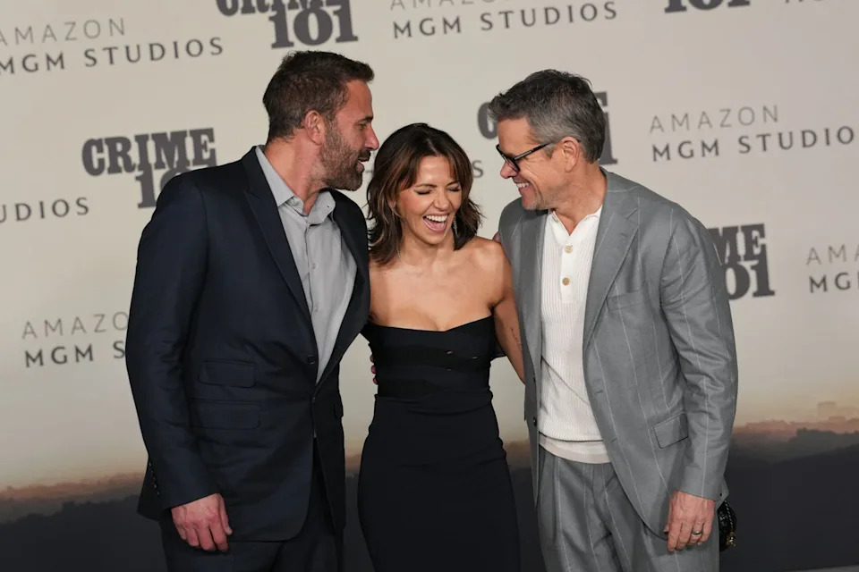 Ben Affleck, Luciana Damon, and Matt Damon at the 'Crime 101' premiere Getty