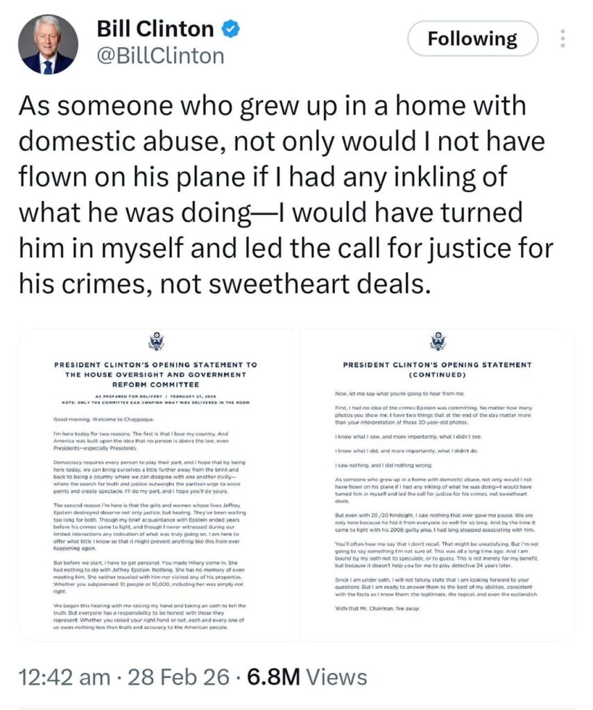 Former President Bill Clinton delivered his opening statement before the House Oversight and Government Reform Committee.