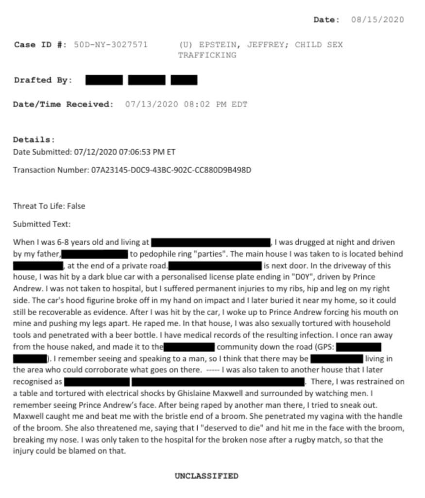 Sexual torture of a 6-8yo child, by Prince Andrew and others. Very graphic.